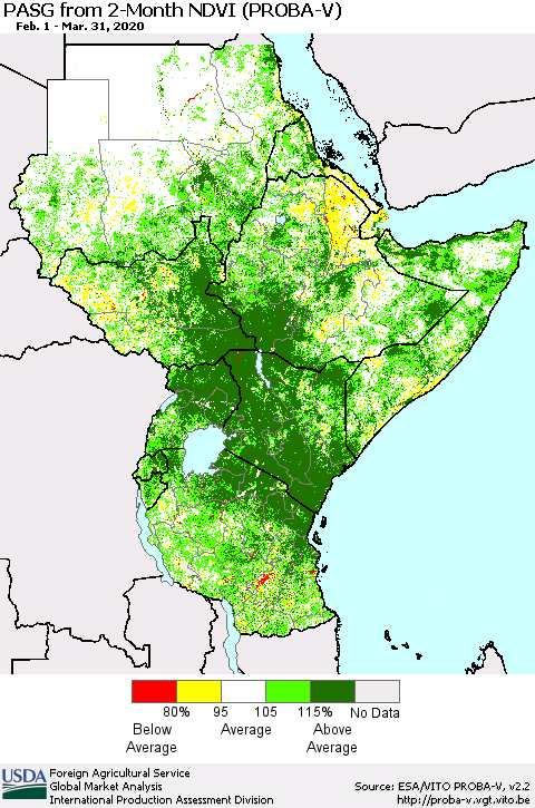 Eastern Africa PASG from 2-Month NDVI (PROBA-V) Thematic Map For 3/21/2020 - 3/31/2020
