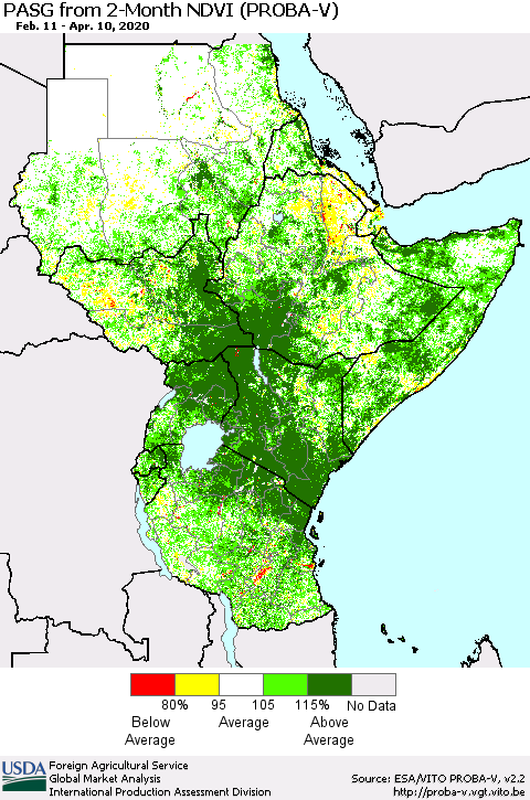 Eastern Africa PASG from 2-Month NDVI (PROBA-V) Thematic Map For 4/1/2020 - 4/10/2020