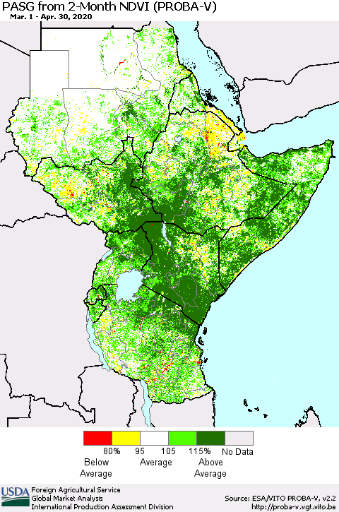Eastern Africa PASG from 2-Month NDVI (PROBA-V) Thematic Map For 4/21/2020 - 4/30/2020