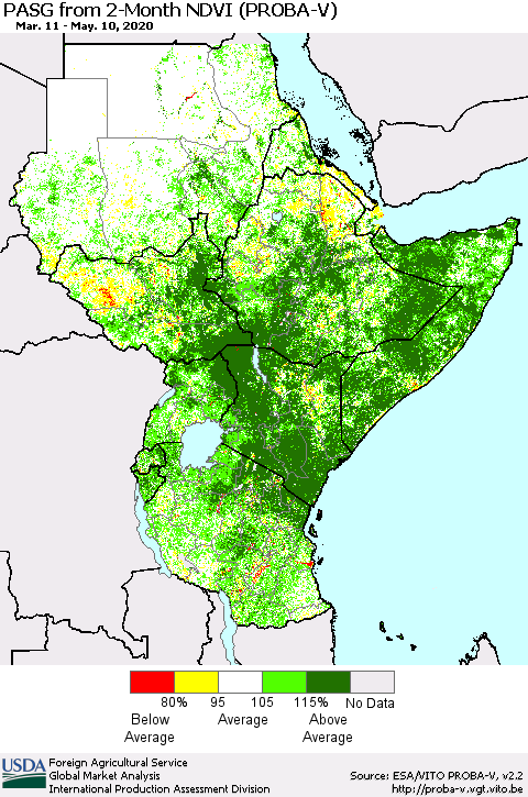 Eastern Africa PASG from 2-Month NDVI (PROBA-V) Thematic Map For 5/1/2020 - 5/10/2020