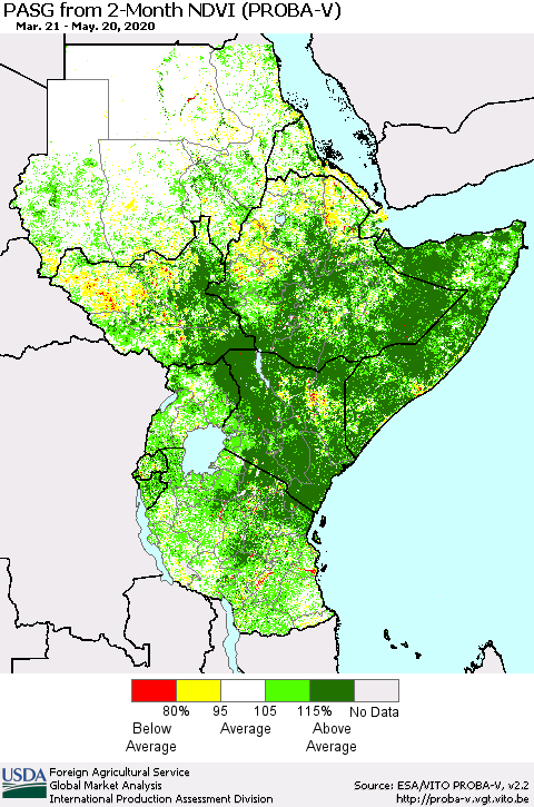 Eastern Africa PASG from 2-Month NDVI (PROBA-V) Thematic Map For 5/11/2020 - 5/20/2020
