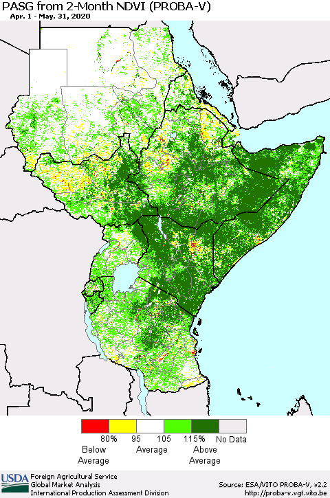 Eastern Africa PASG from 2-Month NDVI (PROBA-V) Thematic Map For 5/21/2020 - 5/31/2020
