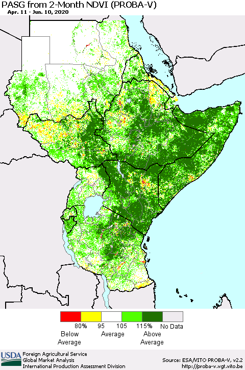 Eastern Africa PASG from 2-Month NDVI (PROBA-V) Thematic Map For 6/1/2020 - 6/10/2020