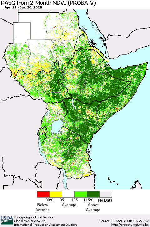 Eastern Africa PASG from 2-Month NDVI (PROBA-V) Thematic Map For 6/11/2020 - 6/20/2020
