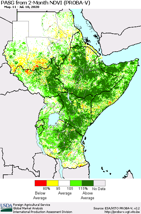 Eastern Africa PASG from 2-Month NDVI (PROBA-V) Thematic Map For 7/1/2020 - 7/10/2020