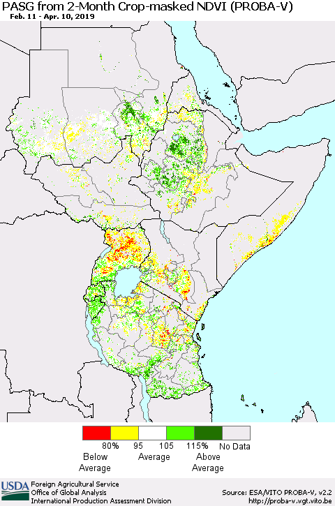 Eastern Africa PASG from 2-Month Crop-masked NDVI (PROBA-V) Thematic Map For 4/1/2019 - 4/10/2019