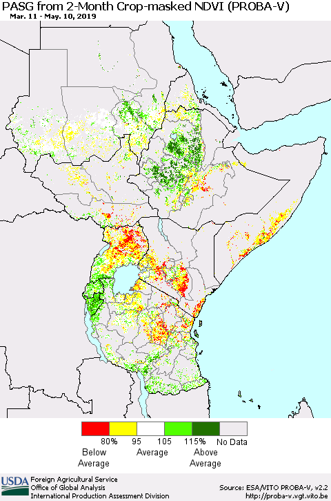Eastern Africa PASG from 2-Month Crop-masked NDVI (PROBA-V) Thematic Map For 5/1/2019 - 5/10/2019