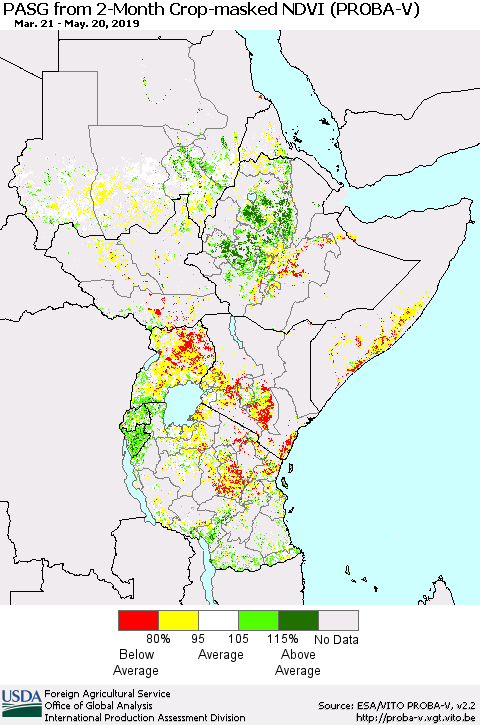 Eastern Africa PASG from 2-Month Crop-masked NDVI (PROBA-V) Thematic Map For 5/11/2019 - 5/20/2019