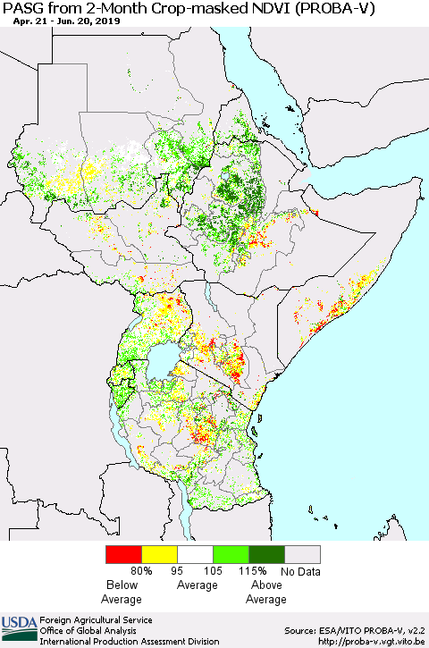 Eastern Africa PASG from 2-Month Crop-masked NDVI (PROBA-V) Thematic Map For 6/11/2019 - 6/20/2019