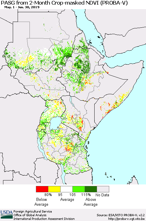 Eastern Africa PASG from 2-Month Crop-masked NDVI (PROBA-V) Thematic Map For 6/21/2019 - 6/30/2019