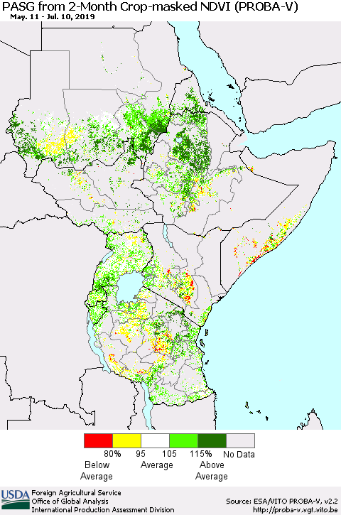 Eastern Africa PASG from 2-Month Crop-masked NDVI (PROBA-V) Thematic Map For 7/1/2019 - 7/10/2019