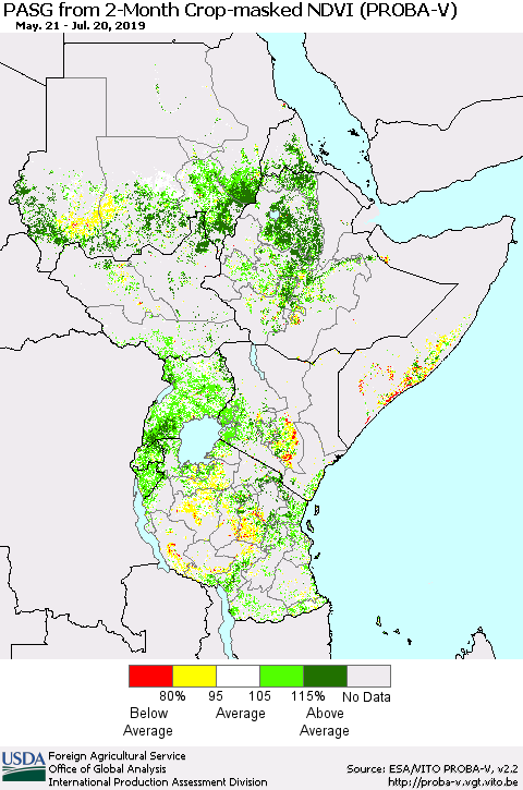 Eastern Africa PASG from 2-Month Crop-masked NDVI (PROBA-V) Thematic Map For 7/11/2019 - 7/20/2019