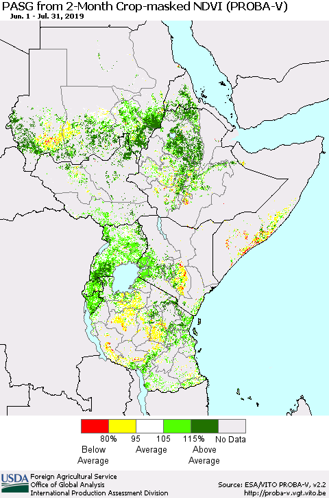 Eastern Africa PASG from 2-Month Crop-masked NDVI (PROBA-V) Thematic Map For 7/21/2019 - 7/31/2019