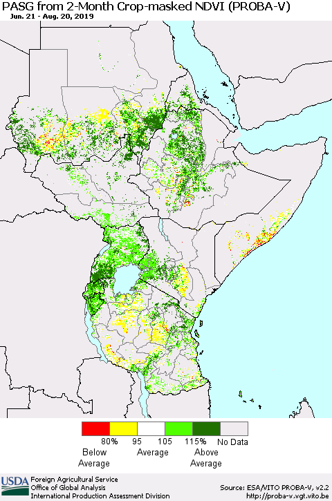 Eastern Africa PASG from 2-Month Crop-masked NDVI (PROBA-V) Thematic Map For 8/11/2019 - 8/20/2019