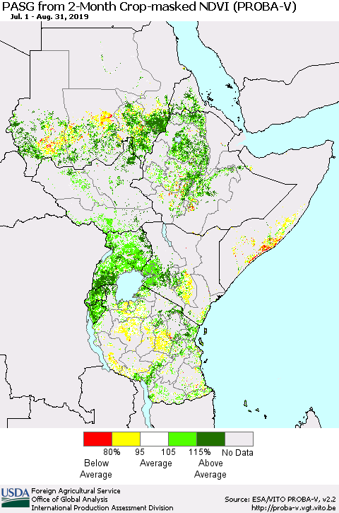 Eastern Africa PASG from 2-Month Crop-masked NDVI (PROBA-V) Thematic Map For 8/21/2019 - 8/31/2019