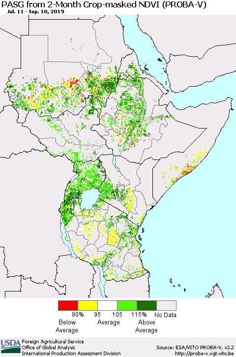 Eastern Africa PASG from 2-Month Crop-masked NDVI (PROBA-V) Thematic Map For 9/1/2019 - 9/10/2019
