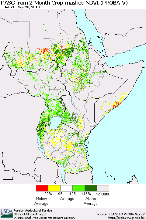 Eastern Africa PASG from 2-Month Crop-masked NDVI (PROBA-V) Thematic Map For 9/11/2019 - 9/20/2019