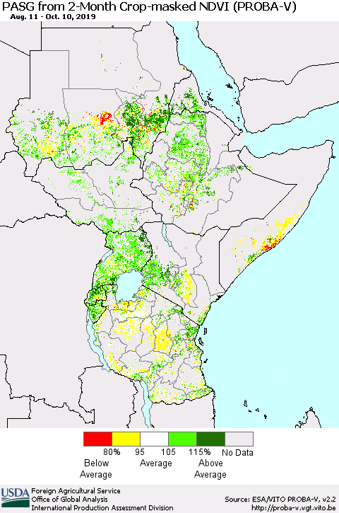 Eastern Africa PASG from 2-Month Crop-masked NDVI (PROBA-V) Thematic Map For 10/1/2019 - 10/10/2019