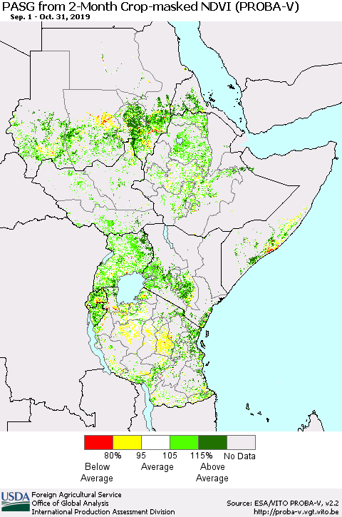 Eastern Africa PASG from 2-Month Crop-masked NDVI (PROBA-V) Thematic Map For 10/21/2019 - 10/31/2019