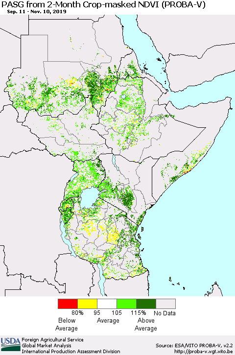 Eastern Africa PASG from 2-Month Crop-masked NDVI (PROBA-V) Thematic Map For 11/1/2019 - 11/10/2019