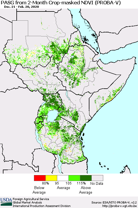 Eastern Africa PASG from 2-Month Crop-masked NDVI (PROBA-V) Thematic Map For 2/11/2020 - 2/20/2020