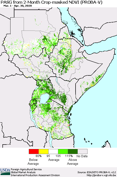 Eastern Africa PASG from 2-Month Crop-masked NDVI (PROBA-V) Thematic Map For 4/21/2020 - 4/30/2020