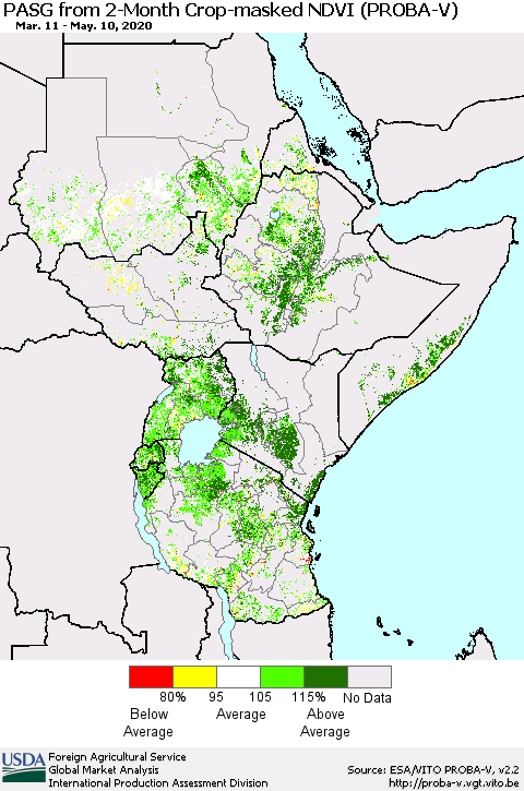 Eastern Africa PASG from 2-Month Crop-masked NDVI (PROBA-V) Thematic Map For 5/1/2020 - 5/10/2020