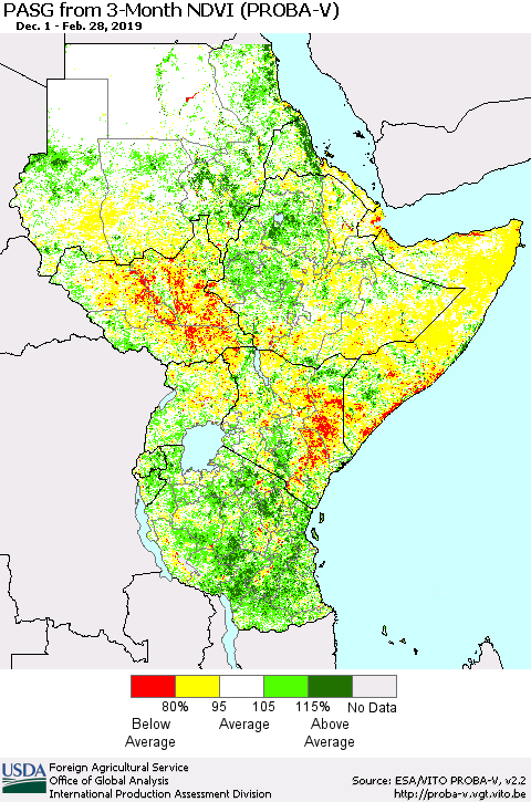 Eastern Africa PASG from 3-Month NDVI (PROBA-V) Thematic Map For 2/21/2019 - 2/28/2019