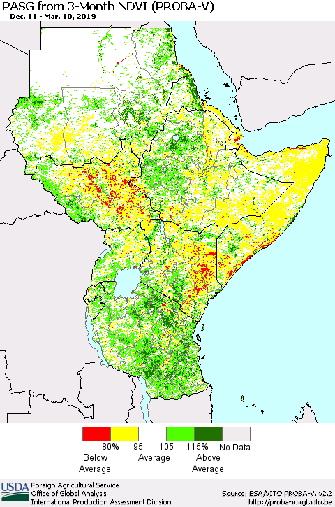 Eastern Africa PASG from 3-Month NDVI (PROBA-V) Thematic Map For 3/1/2019 - 3/10/2019