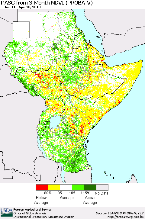 Eastern Africa PASG from 3-Month NDVI (PROBA-V) Thematic Map For 4/1/2019 - 4/10/2019