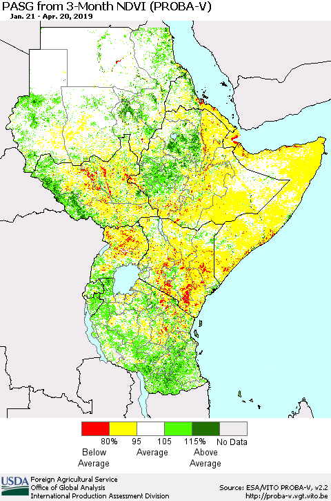 Eastern Africa PASG from 3-Month NDVI (PROBA-V) Thematic Map For 4/11/2019 - 4/20/2019