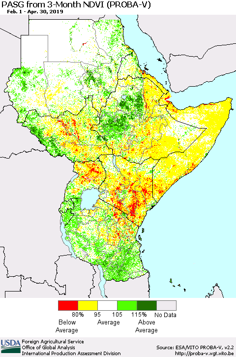 Eastern Africa PASG from 3-Month NDVI (PROBA-V) Thematic Map For 4/21/2019 - 4/30/2019