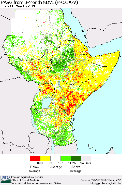Eastern Africa PASG from 3-Month NDVI (PROBA-V) Thematic Map For 5/1/2019 - 5/10/2019