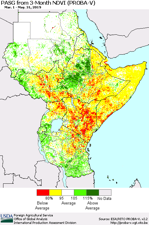 Eastern Africa PASG from 3-Month NDVI (PROBA-V) Thematic Map For 5/21/2019 - 5/31/2019