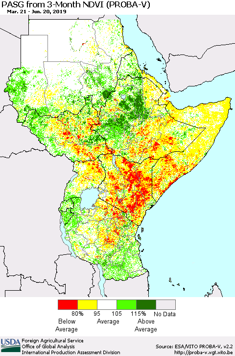 Eastern Africa PASG from 3-Month NDVI (PROBA-V) Thematic Map For 6/11/2019 - 6/20/2019