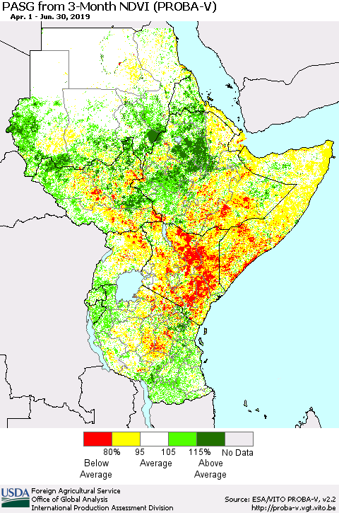 Eastern Africa PASG from 3-Month NDVI (PROBA-V) Thematic Map For 6/21/2019 - 6/30/2019