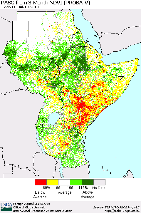Eastern Africa PASG from 3-Month NDVI (PROBA-V) Thematic Map For 7/1/2019 - 7/10/2019