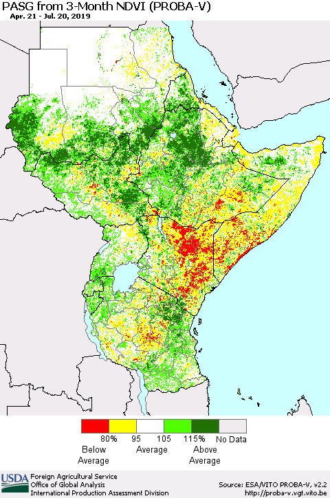 Eastern Africa PASG from 3-Month NDVI (PROBA-V) Thematic Map For 7/11/2019 - 7/20/2019