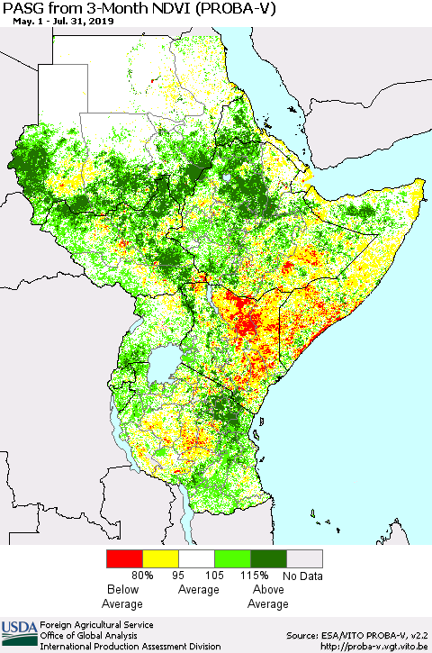 Eastern Africa PASG from 3-Month NDVI (PROBA-V) Thematic Map For 7/21/2019 - 7/31/2019