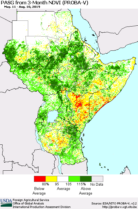 Eastern Africa PASG from 3-Month NDVI (PROBA-V) Thematic Map For 8/1/2019 - 8/10/2019