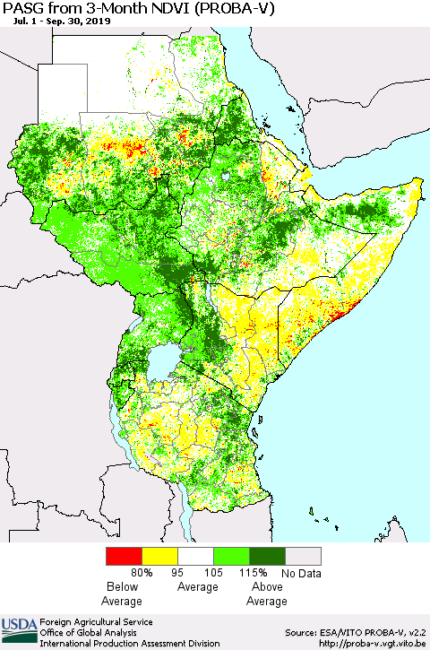 Eastern Africa PASG from 3-Month NDVI (PROBA-V) Thematic Map For 9/21/2019 - 9/30/2019