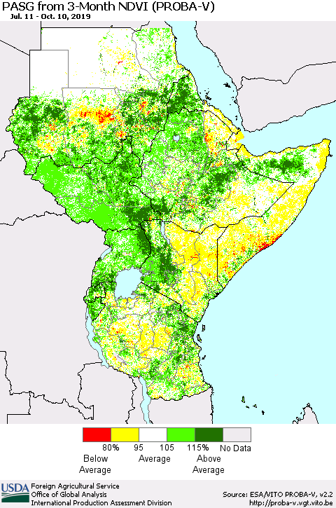 Eastern Africa PASG from 3-Month NDVI (PROBA-V) Thematic Map For 10/1/2019 - 10/10/2019