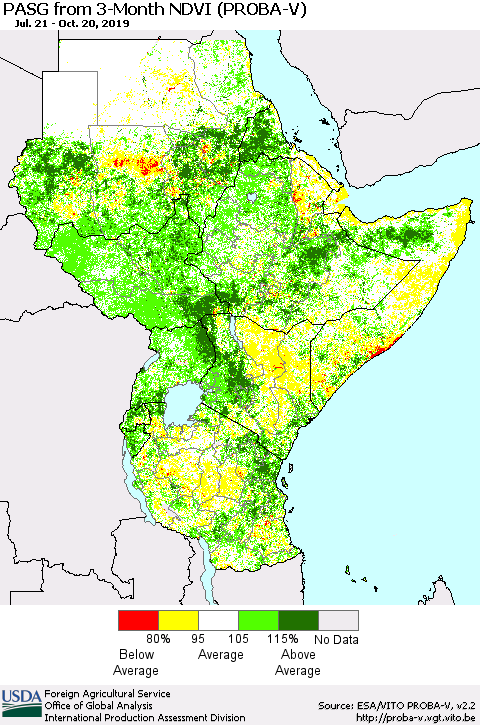 Eastern Africa PASG from 3-Month NDVI (PROBA-V) Thematic Map For 10/11/2019 - 10/20/2019