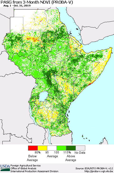 Eastern Africa PASG from 3-Month NDVI (PROBA-V) Thematic Map For 10/21/2019 - 10/31/2019