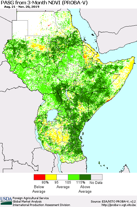 Eastern Africa PASG from 3-Month NDVI (PROBA-V) Thematic Map For 11/11/2019 - 11/20/2019