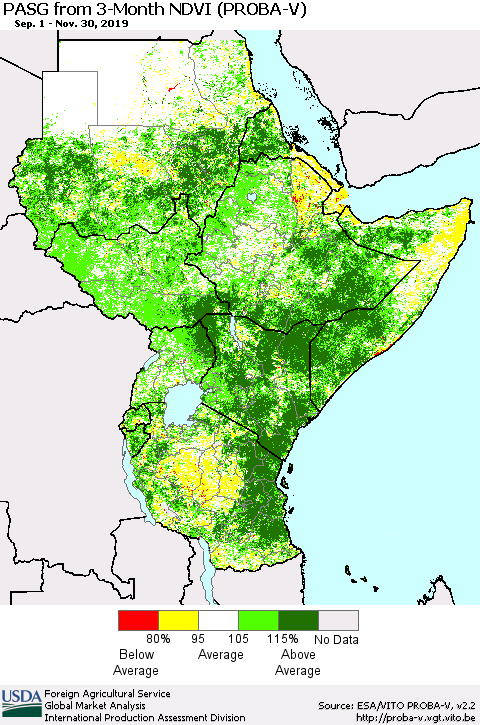 Eastern Africa PASG from 3-Month NDVI (PROBA-V) Thematic Map For 11/21/2019 - 11/30/2019
