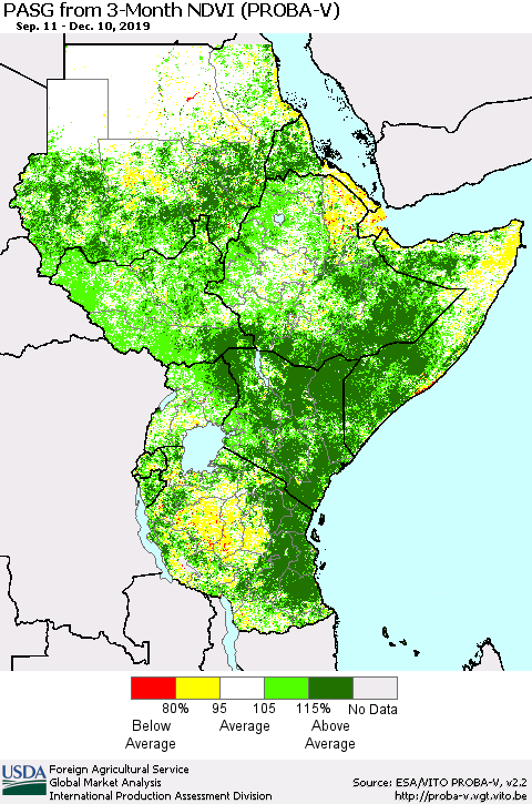 Eastern Africa PASG from 3-Month NDVI (PROBA-V) Thematic Map For 12/1/2019 - 12/10/2019
