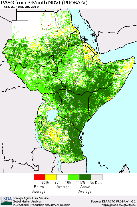 Eastern Africa PASG from 3-Month NDVI (PROBA-V) Thematic Map For 12/11/2019 - 12/20/2019