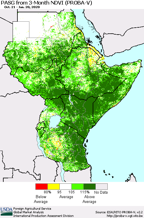 Eastern Africa PASG from 3-Month NDVI (PROBA-V) Thematic Map For 1/11/2020 - 1/20/2020