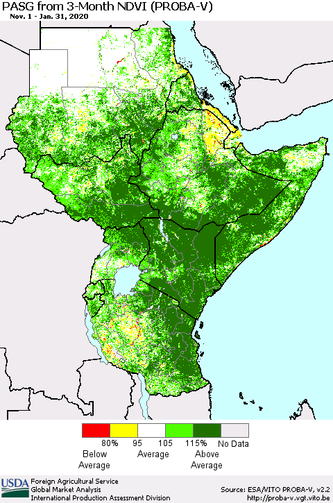 Eastern Africa PASG from 3-Month NDVI (PROBA-V) Thematic Map For 1/21/2020 - 1/31/2020